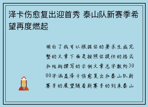 泽卡伤愈复出迎首秀 泰山队新赛季希望再度燃起